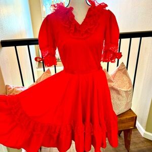 Vintage handmade square dancing dress vintage red dress lace detail